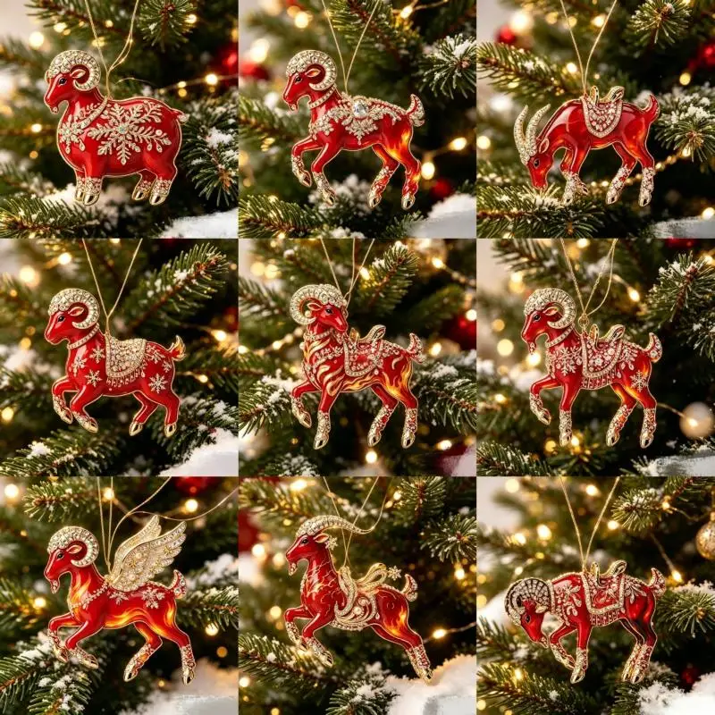 1Pcs Cute Goat Christmas Ornament 2D Flat Acrylic Pendant Hanging Decor Tree Bag Car Rearview Xmas Party New Year Gift Supplies