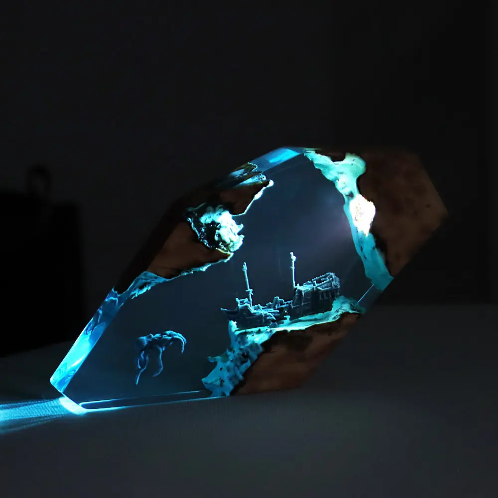 Forest Fairy Deer Desktop Art Personalized Luminous Ornament Sunken Ship Octopus Holy Solid Wood Resin Home Decor Craft Item