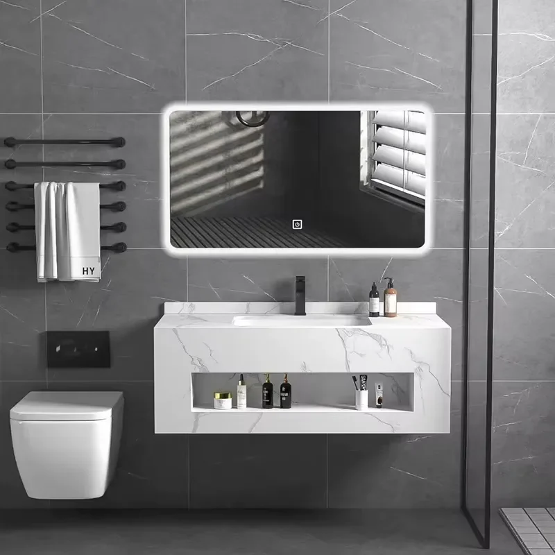 Modern Double Sink Slab Rectangular Under Counter Wash Basin with Smart Mirror and Drainer Easy Clean for Bathroom Cabinet