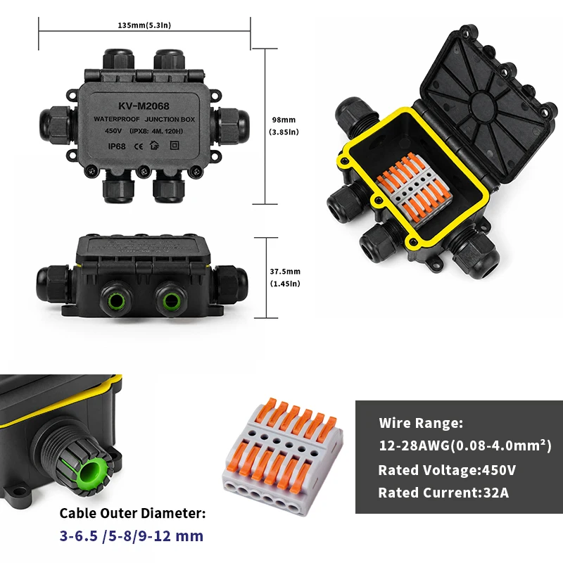 IP68 Waterproof Junction Box 2-8 Way 6 Pole Electrical Cable Connector 32A 450V PA66 for Outdoor Garden Lighting Cable Splice image 4