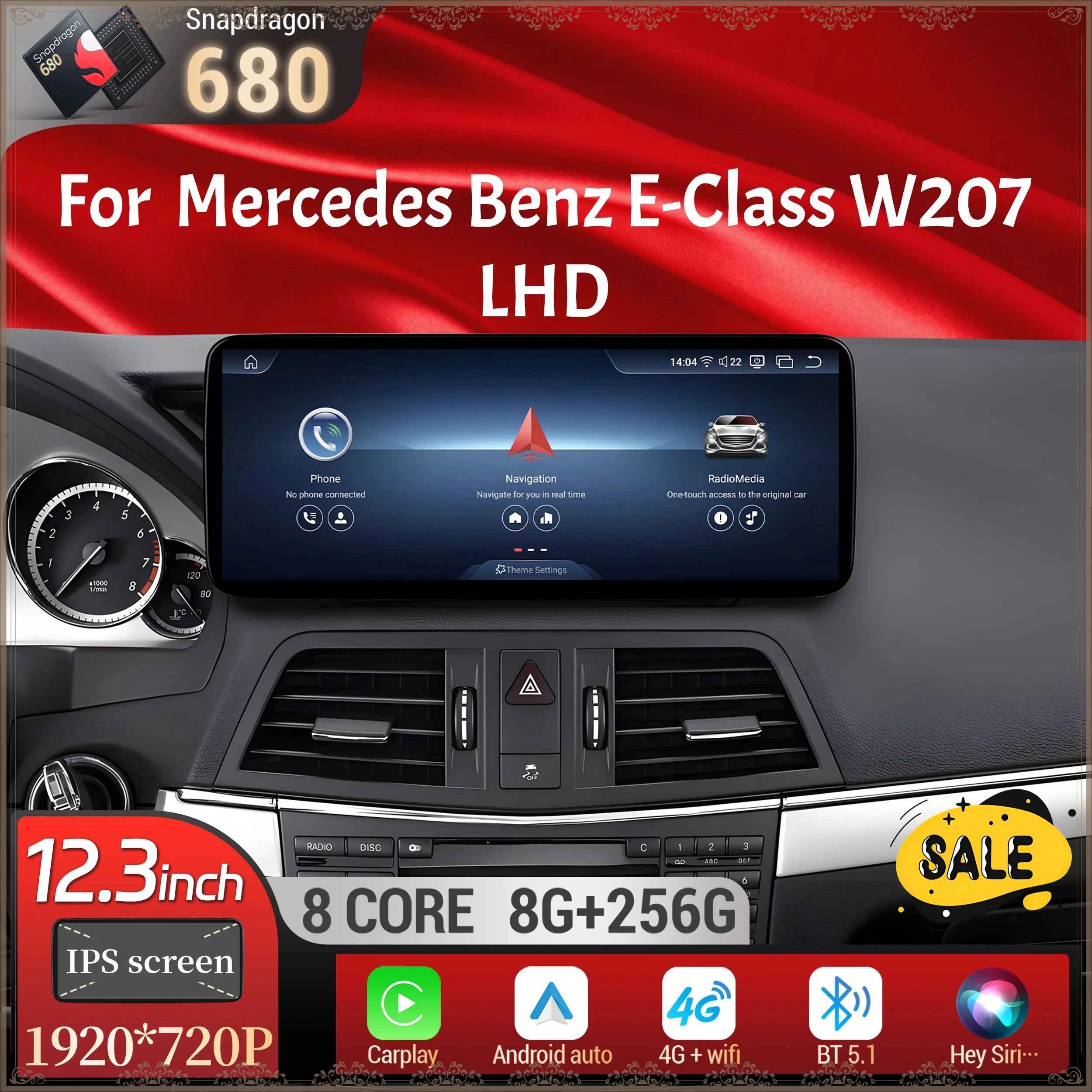 

For Mercedes Benz E-Class C207 W207 A207 2009-2016 12.3"Left Hand Drive Car Radio Android 14 BT Carplay Snapdragon 680 Screen