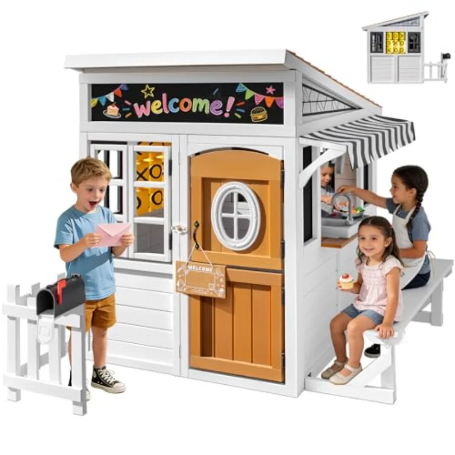 

Outdoor playhouse for kids 3-12, cedar wood, natural color, spacious design with play kitchen, tic-tac-toe, chalkboard, doorbel