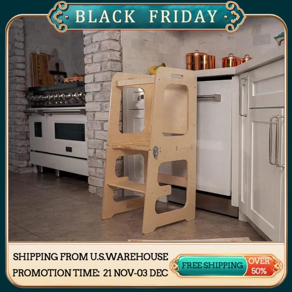 

4-in-1 foldable kitchen tower with blackboard and toddler footstool suitable for children aged 18 months to 6 years old