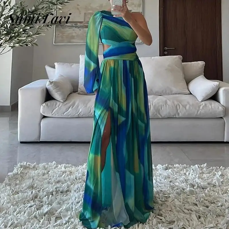 Sexy Diagonal Collar Long Sleeve Evening Dress Lady Elegant Pattern Print Pleat Long Dress Fashion Split Hight Waist Party Dress