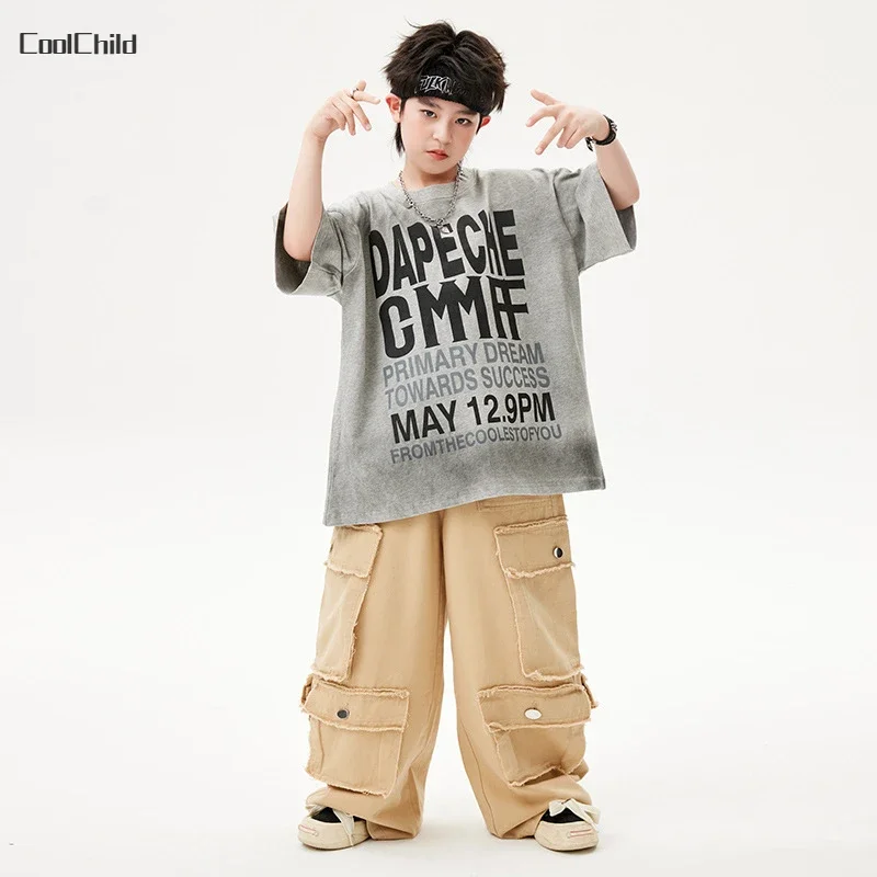 Hip Hop Boys Retro Loose T-shirt Cargo Pants Girls Street Dance K-pop Costumes Children Streetwear Kids Jazz Stage Clothes Sets