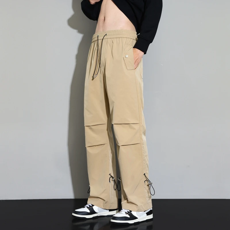 

Preppy Style Elastic High Waisted Solid Color Pockets Button Drawstring Bandage Men's Trousers Straight Spring Autumn Pants