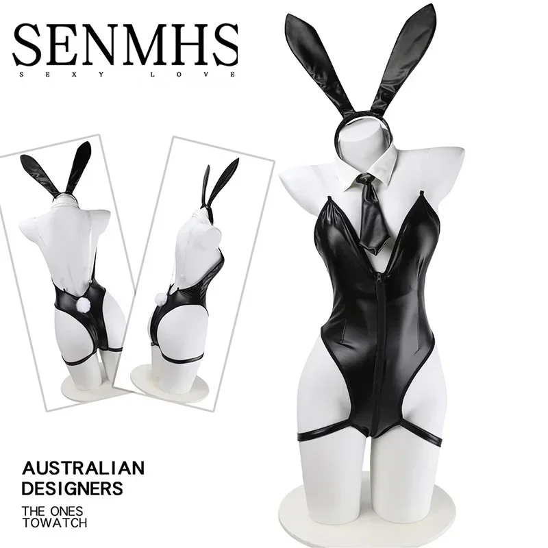 Sexy leather zipper open bust bunny girl jumpsuit women Halloween carnival leather cosplay costume female bodysuits outfits