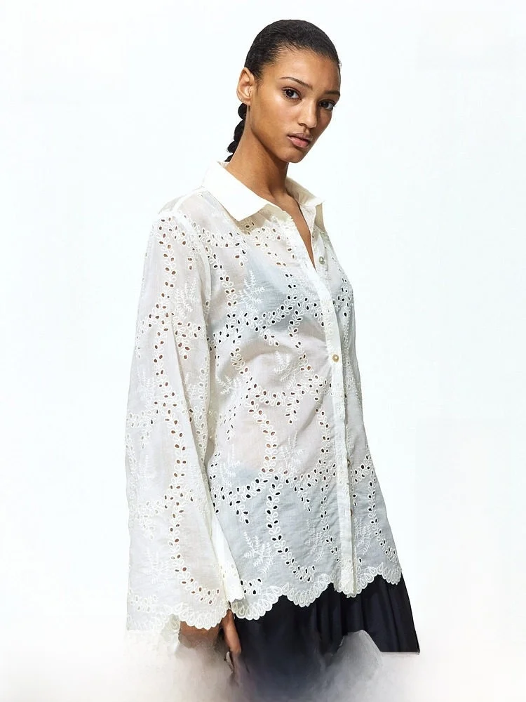 

Новая летняя женская рубашка H&M с вышивкой и ажурными вставками, винтажный стиль, длинный рукав, смесь полиэстера и лиоцелла, с пуговицами