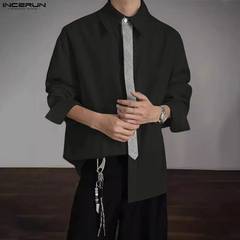 

INCERUN Мужская рубашка в стиле пэчворк с лацканами и длинным рукавом, свободная мужская одежда в корейском стиле, уличная одежда, модные повседневные топы, мужские рубашки S-5XL