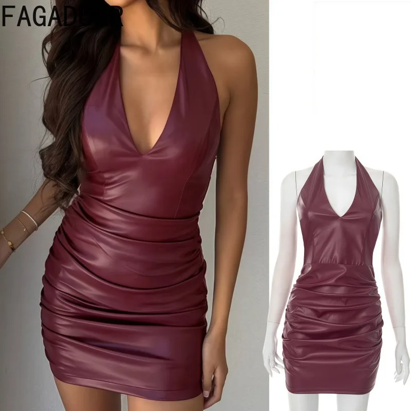 

FAGADOER Sexy Leather Ruched Patchwork Bodycon Mini Dresses Woman Halter Sleeveless Backless Dress Female Streetwear Vestidos