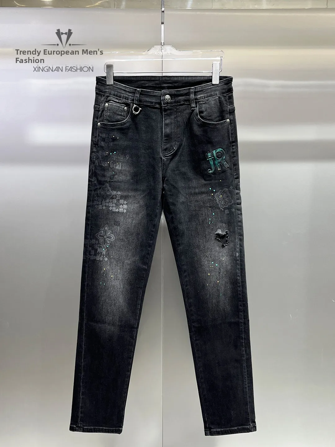 

Men's Bla ey Waed Denim Jeans 2025 Autumn Winter Season Slim Fit Printed Hole Design Comfortable Breathable Pants