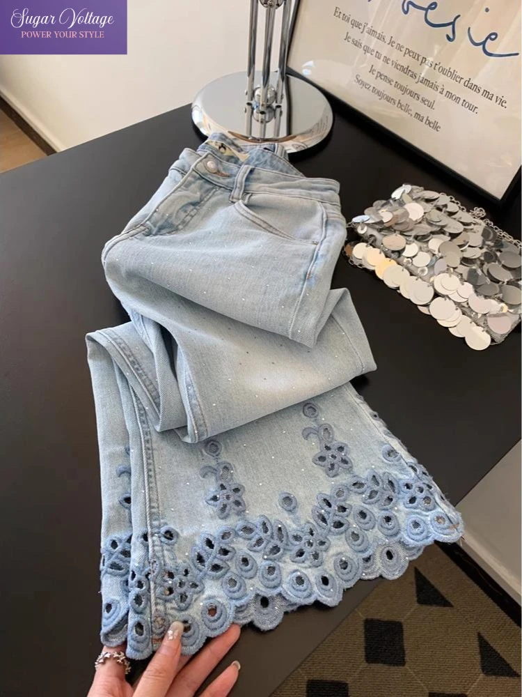 

Elegant Luxury Loose Hollow Embroidered Rhinestone Jeans Women Summer High Waist Straight Denim Pants Y2K Casual Streetwear