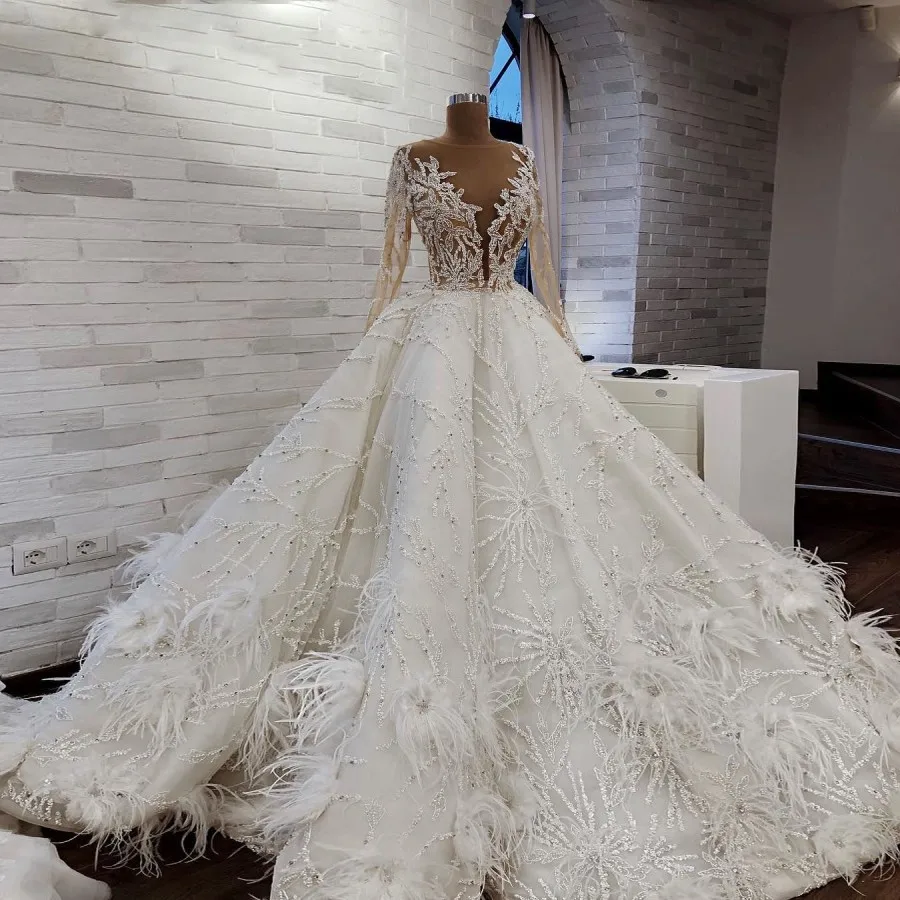 Luxury Perspective Wedding Gown High Neck Long Sleeve Prom Dress Feather Beads A-line Wedding Gown Banquet Host Evening Dress