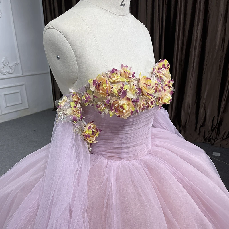 Internat ionale Frauen Quince anera Ball Kleid rosa Prinzessin Blume von der Schulter volle Ärmel Spitze Abschluss feier Kleid dy1239