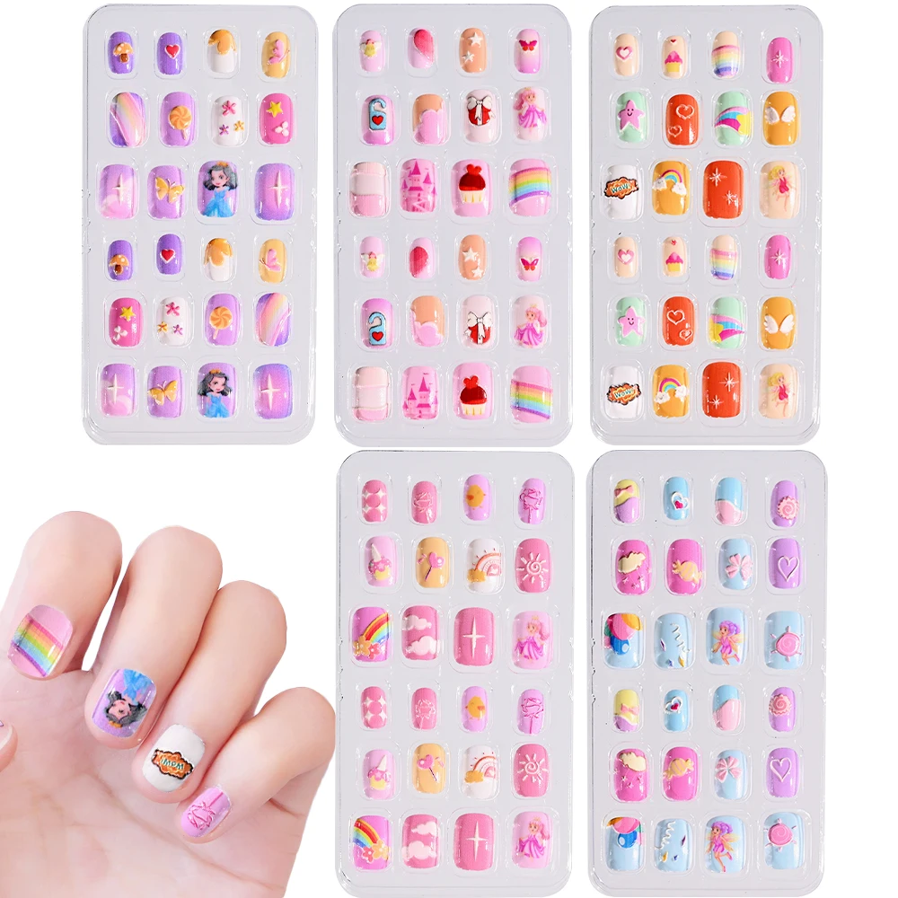 24pc/box Kids False Nails Press On Full Cover Adhesive Fake Nail Tips 5D Cartoon Design Candy Color Manicure Children Fake Nails