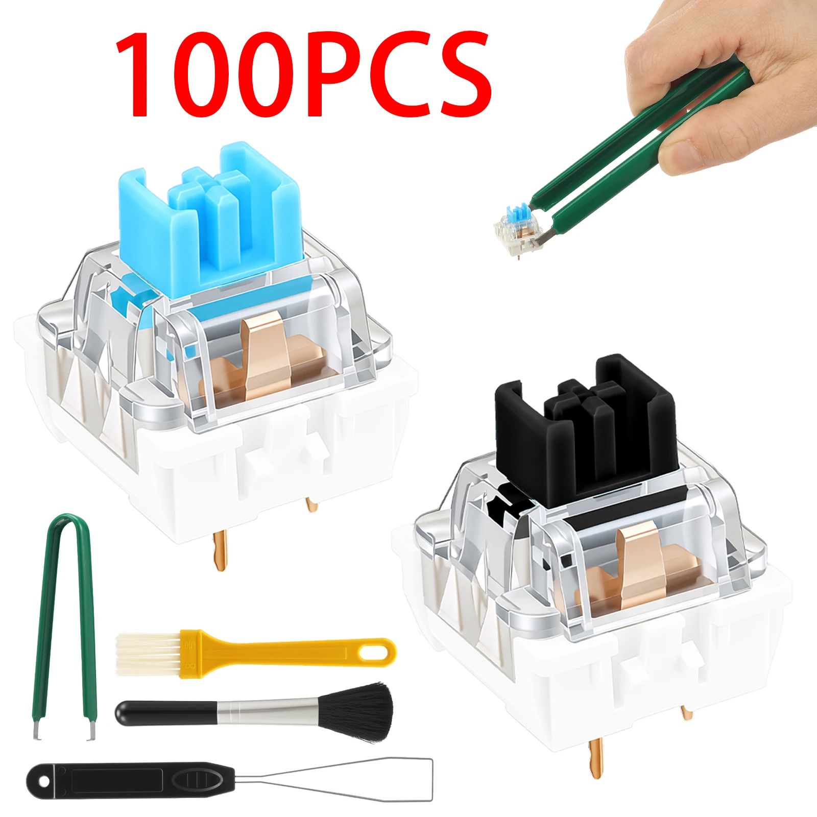 kit-de-100-pecas-de-interruptores-mecanicos-de-3-pinos-para-teclado-switches-lineares-azuis-e-pretos-com-extrator-e-pinca-para-substituicao-diy-de-teclados-hot-swap