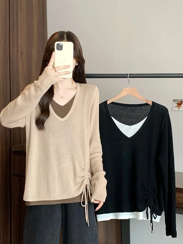 

Вязаная футболка на шнуровке для женщин: новинка весна-лето, модный дизайн, повседневный топ больших размеров, трендовая внутренняя одежда