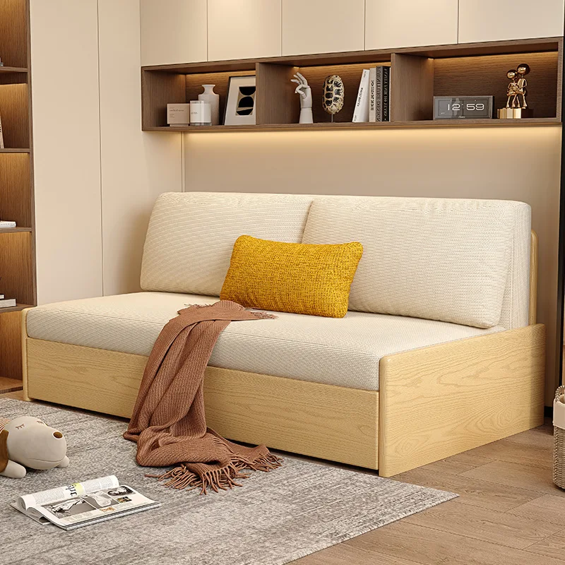 Solid wood sofa bed dual-purpose, fabric with storage, pull-out living room sofa, single double bed