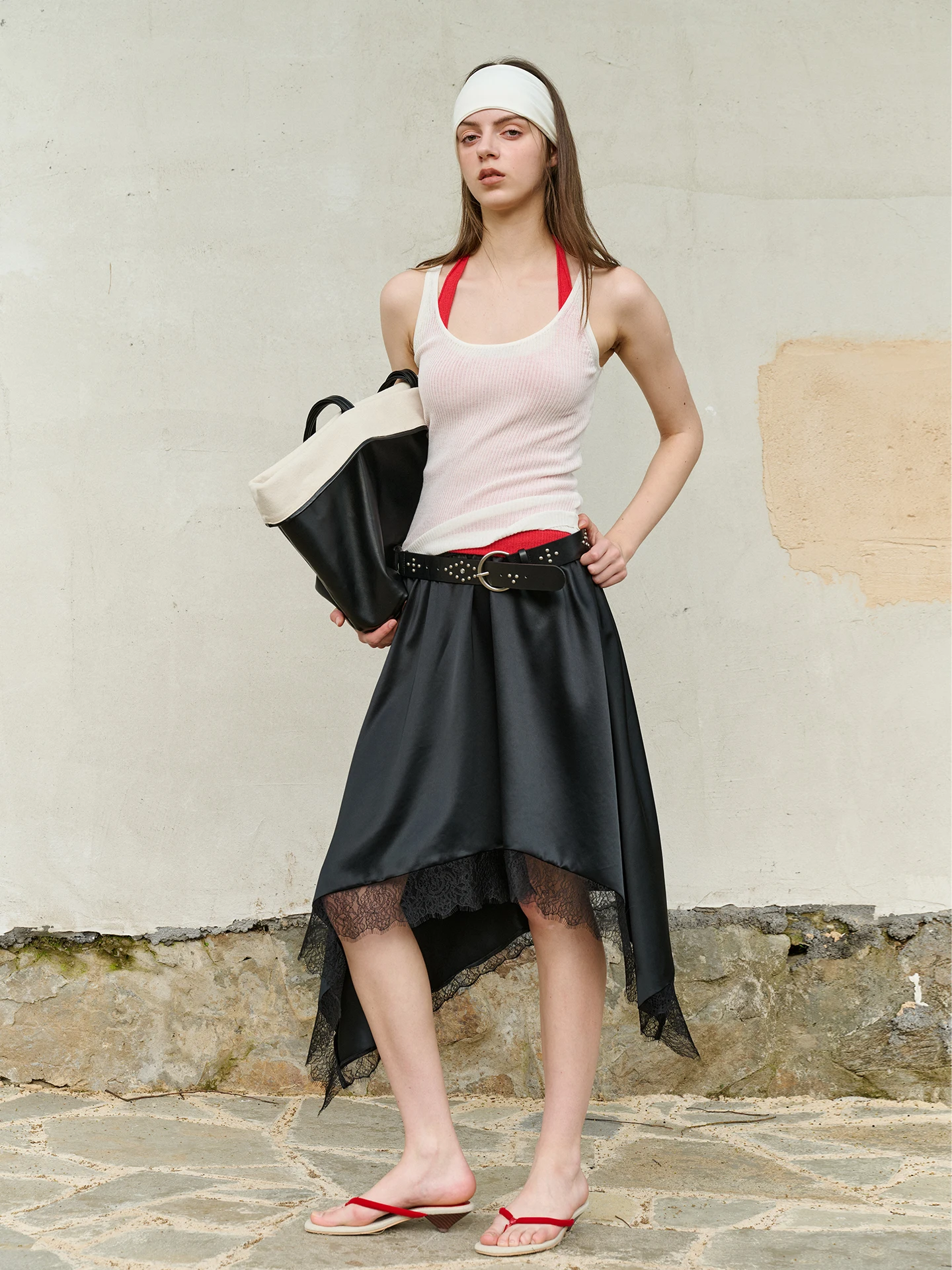 

Юбка А-силуэта с кружевными вставками, весна-лето, стройнящая, модная, универсальная, средней длины, асимметричный дизайн