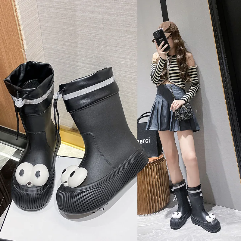 Cute Cartoon Big Eyes Rain Boots Protective Footwear 100% Waterproof PVC Lightweight & Durable High-Heeled Outside Water Shoes