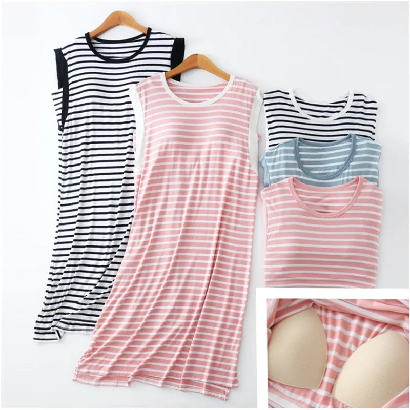 Casual Chest Padded Modal Night Dress Women New Striped Summer Sleeveless Nightgowns Female Nightwear Sleeping Nightshirt