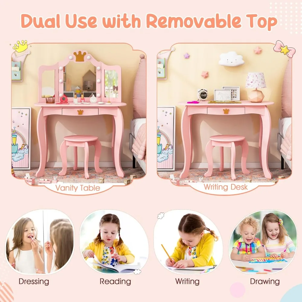 Kids Vanity with Lights, Girls Vanity Set with Mirror and Stool, Drawer, 2 in 1 Princess Makeup Desk Dressing Table