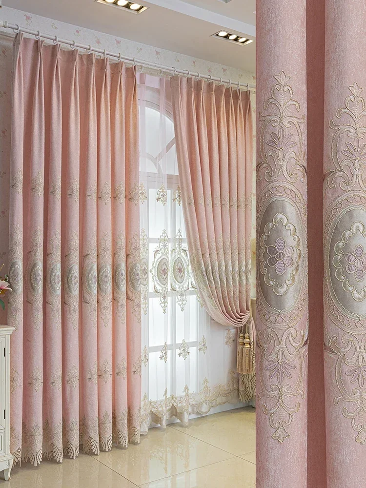 

European Style Pink Thickened Chenille Embroidery Luxury Curtains for Living Room Bedroom Dining Tulle Blackout Window Elegant
