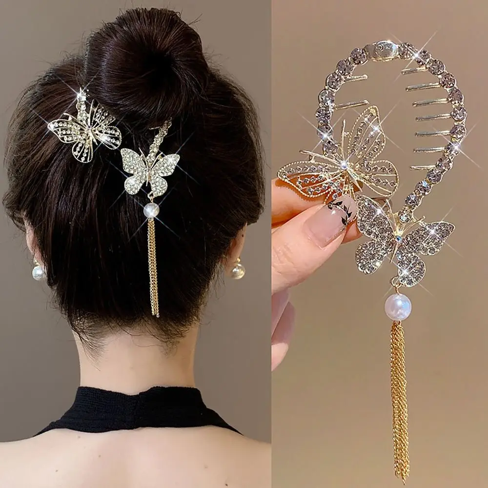 Vintage Retro Meatball Hair Clasp Clip Floristic Pearl Chain Tassels Hair Claw Ponytail Hairpins Girls