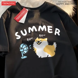 Siblings Tops Fun A Dog Blowing A Fan T-Shirts Breathable Hip Hop T-Shirts Oversized Clothing Street Cotton Sisters T-Shirt