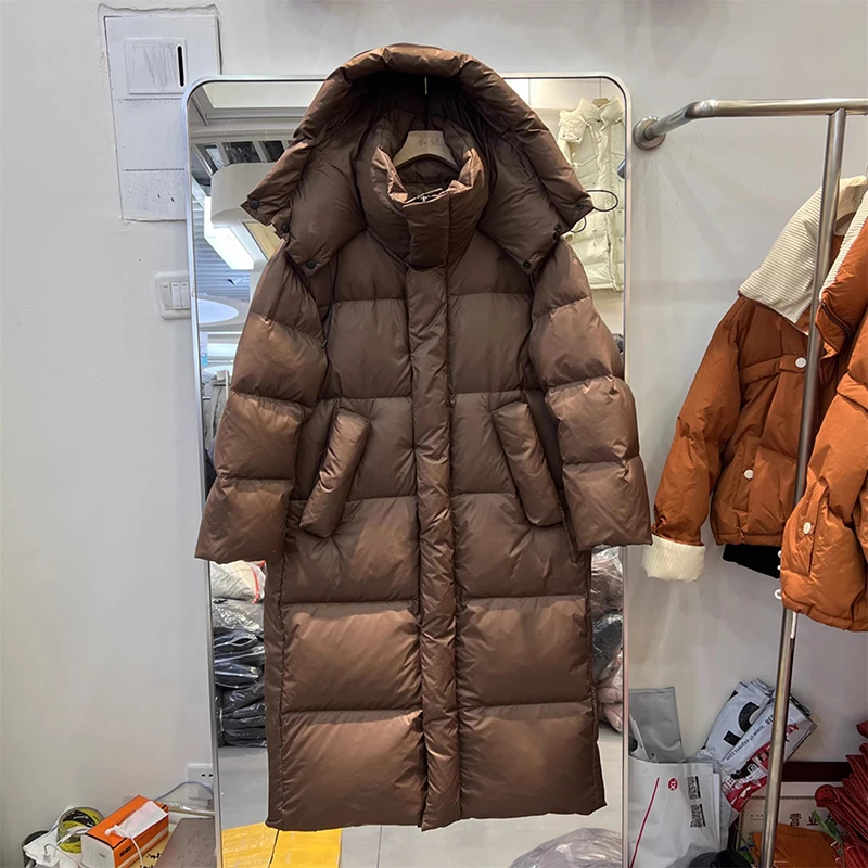 Chaqueta larga gruesa con capucha para mujer, chaquetas hasta la rodilla con plumón de pato blanco, Parkas cálidas y sólidas para exteriores, prendas de vestir para invierno