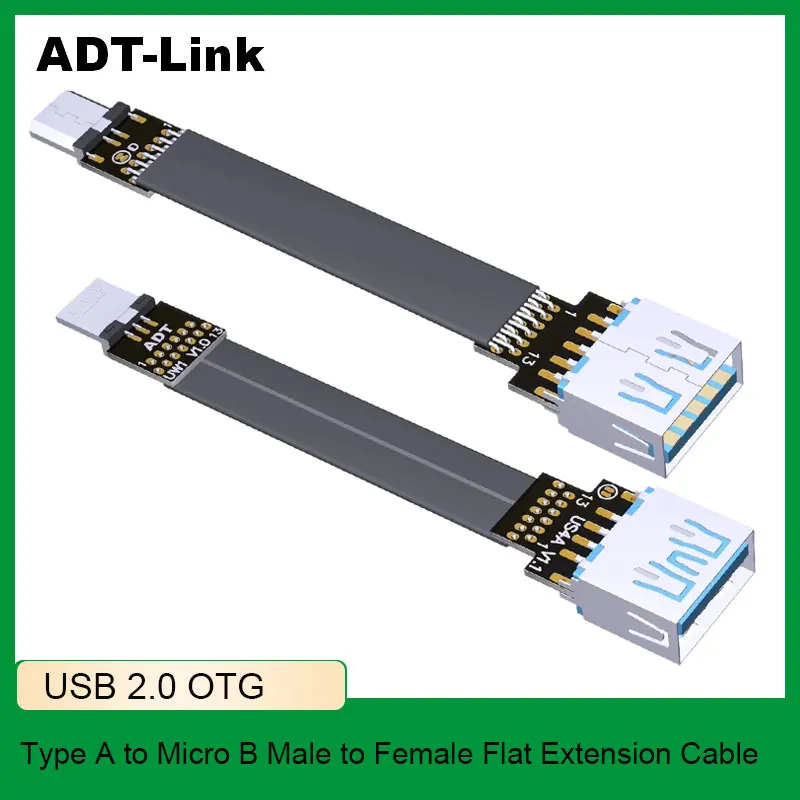 ADT-Link USB 2.0 Type A to Micro B OTG Male to Female Flat Cable Double Bend Extension Adapter 480M/bps Connector Line
