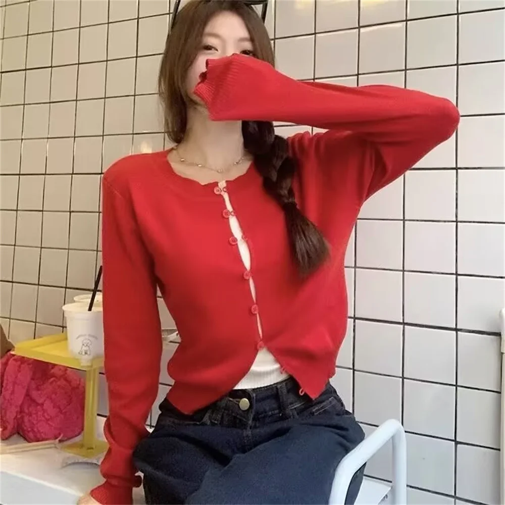 

Autumn single-breasted sweet and fashionable knitted cardigan women's patchwork slim short top versatile street style