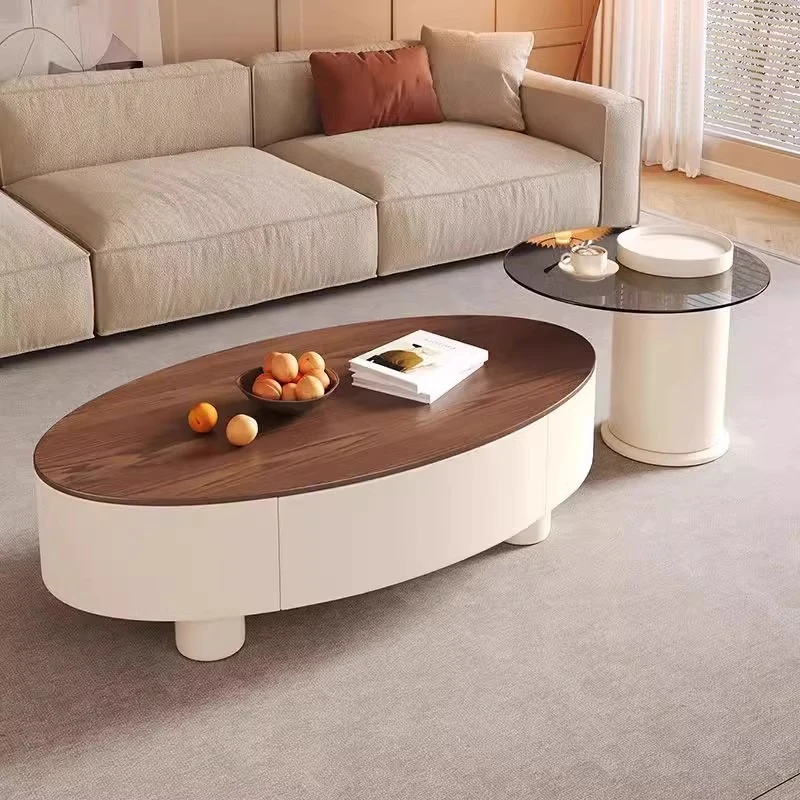 

French antique oval solid wood coffee table household living room light luxury apartment modern high-end creative combination