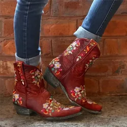 Women Ankle Boots Lightweight  Embroidery PU 5CM Square Heel Slip on Totem Sewing Retro British Style Shoes for Women Brown