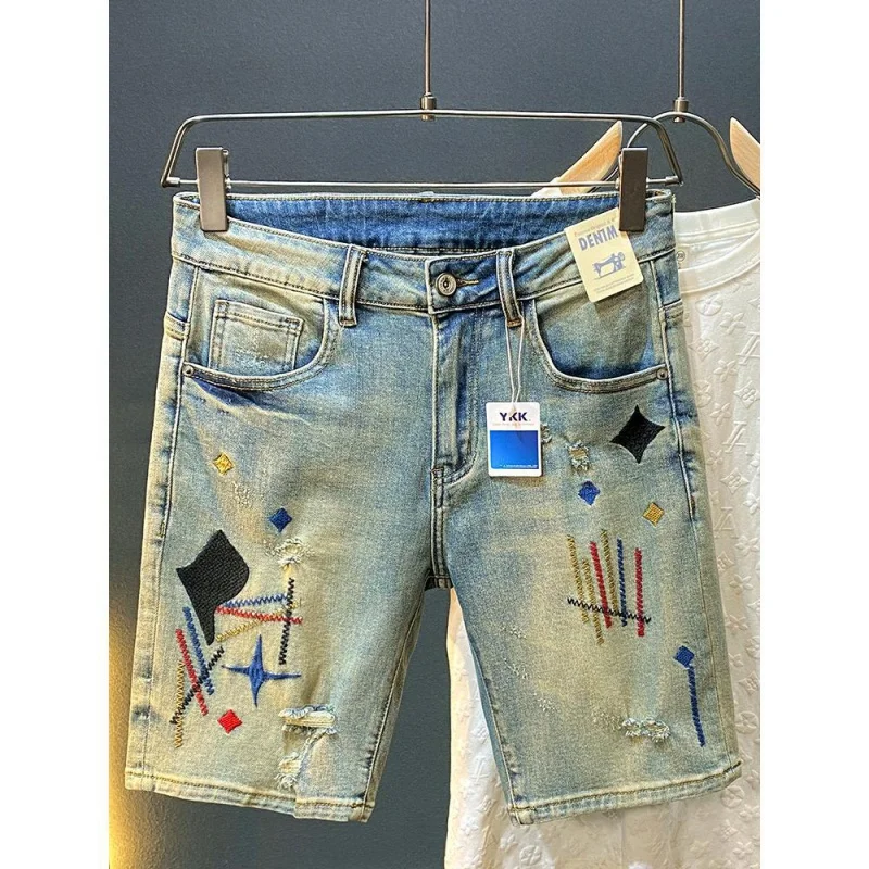 

New High-End Casual Denim Shorts For Men In Summer Thin And Fashion With Embroidered And Printed Straight Leg Five Point Pants