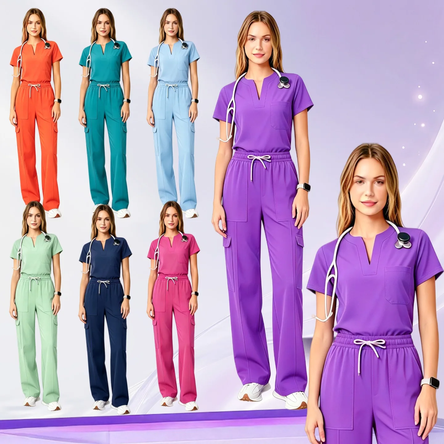 Medical Scrubs Set Women Short Sleeve Stretch Top Elastic Waist Pants Nurse Hospital Doctor Beauty Salon Pet Clinic Work Uniform