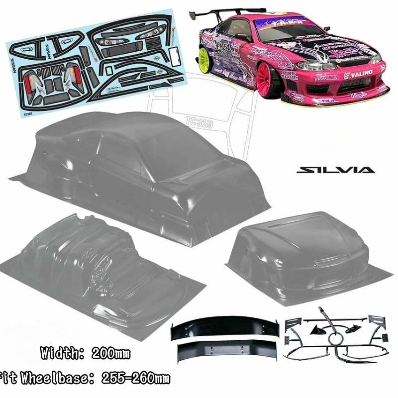 1/10 PC RC Silvia S15 JDM Wide Body Shell 200mm Width Lampshade Tail Transparent Shell Body For Turing Dirft Mst Yokomo Hpi Hsp
