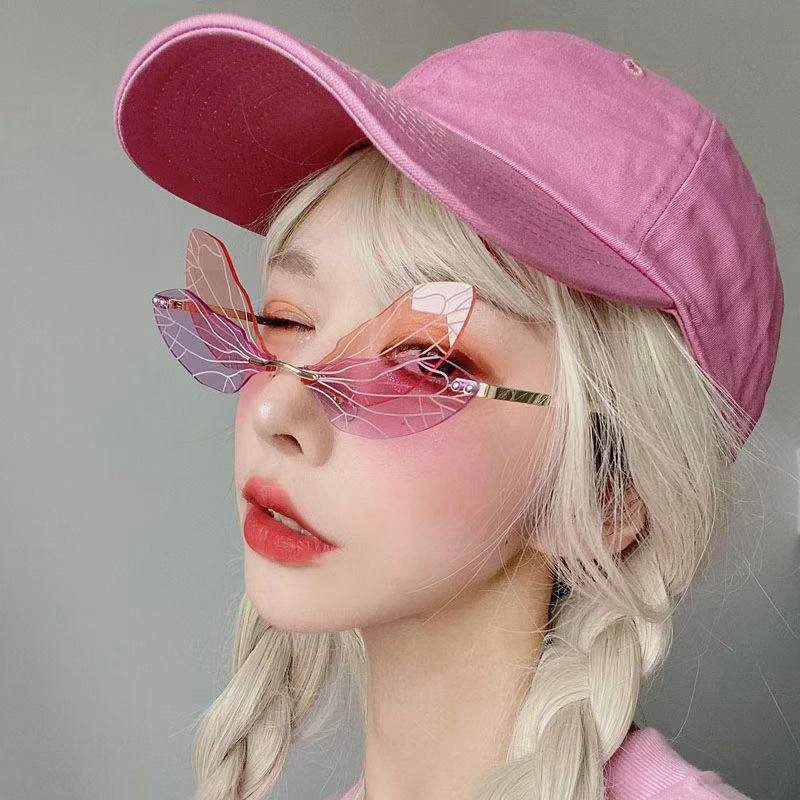 New Cute Personalised Ladies Dragonfly Wings Sunglasses Fun Rimless Cut Edge Sunglasses Europe Style Wacky Fashion Glasses Gift