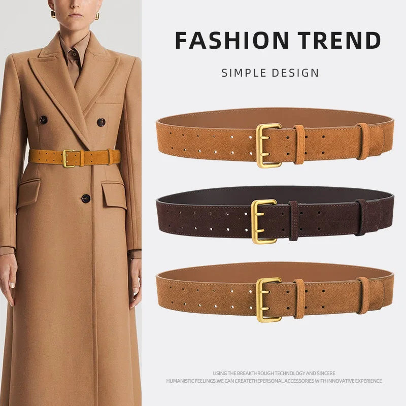 

New Sandblasting Gold Double Pin Buckle Leather Women Waistband Belt Fashion Dress Coat Belt for Ladies