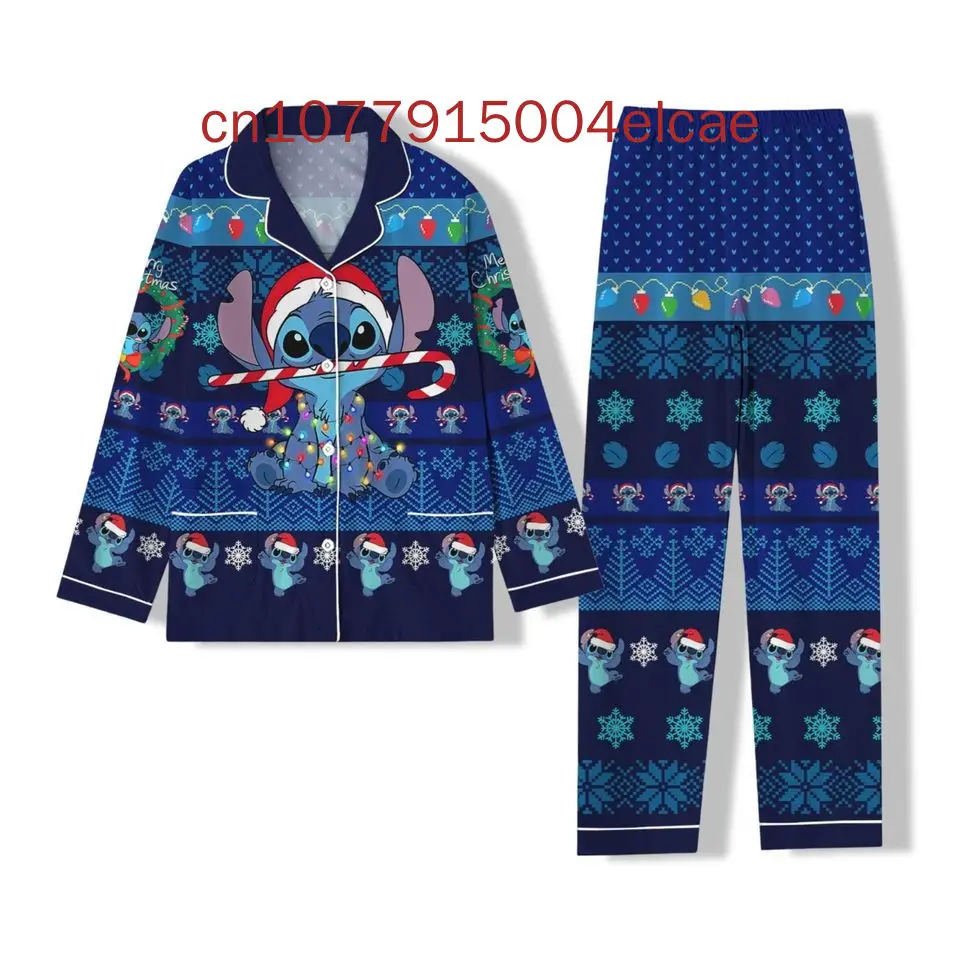 Piyama Stitch natal pria dan wanita, Set piyama kemeja lengan panjang motif 3D untuk pria dan wanita