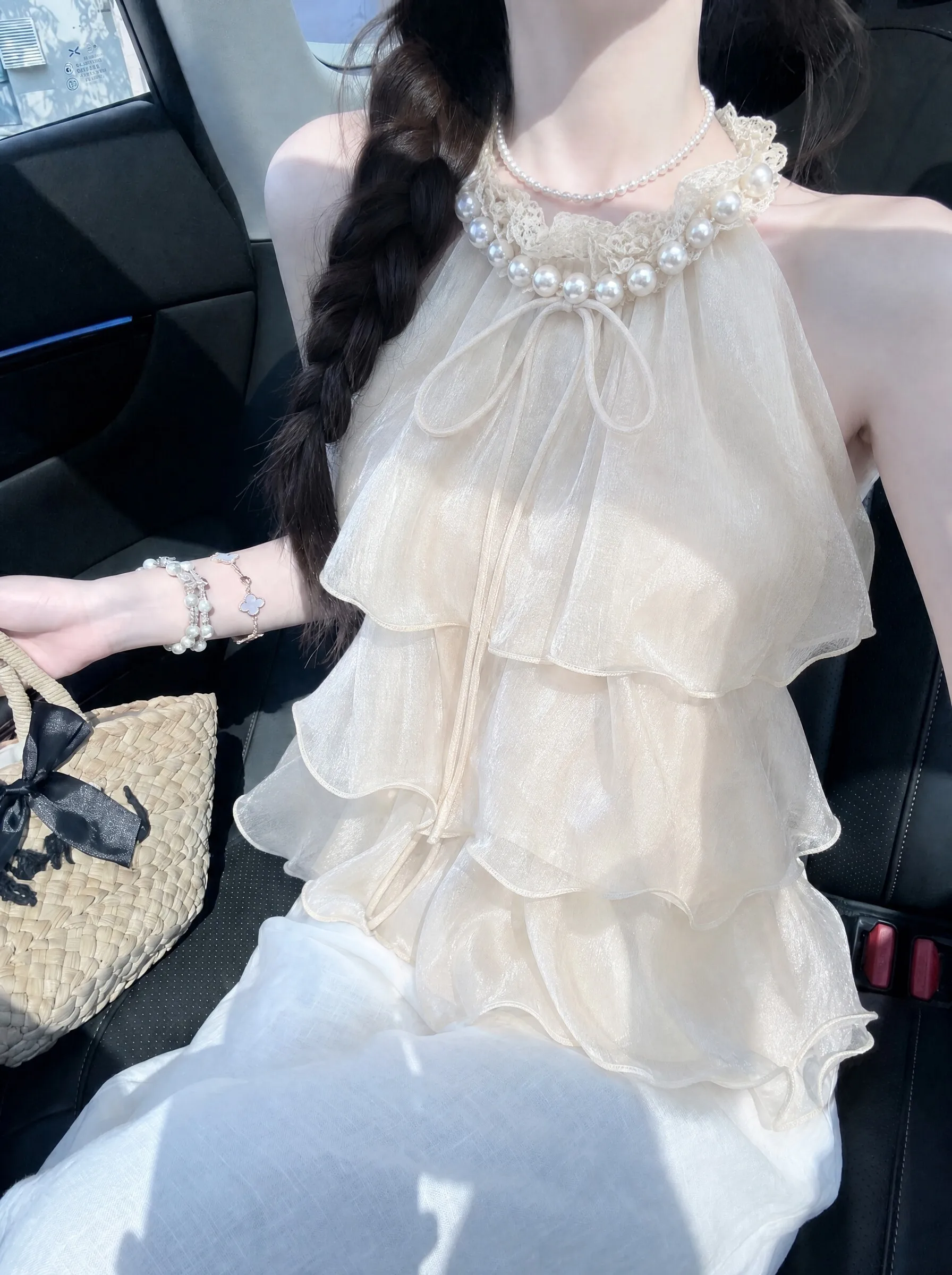 Summer Vacation Style Women's Top Beaded Neck Hanging Bell Sleeve White Shirt Casual Loose Fit round Neck Single Piece