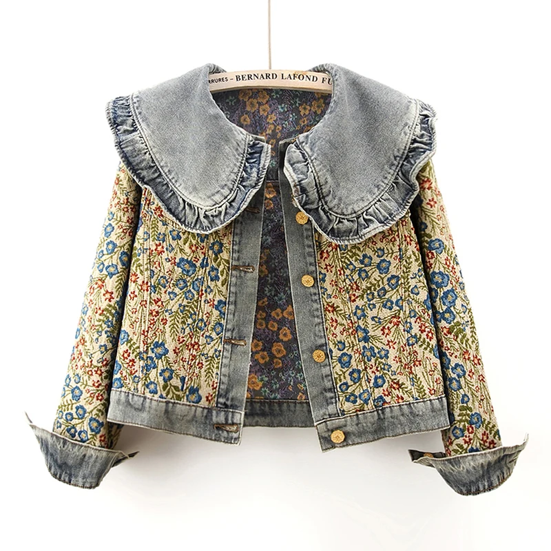 Jacquard Embroidery Denim Jacket Women Slim Short Cowboy Outwear Autumn Korean Peter Pan Collar Long Sleeve Jeans Jacket Female