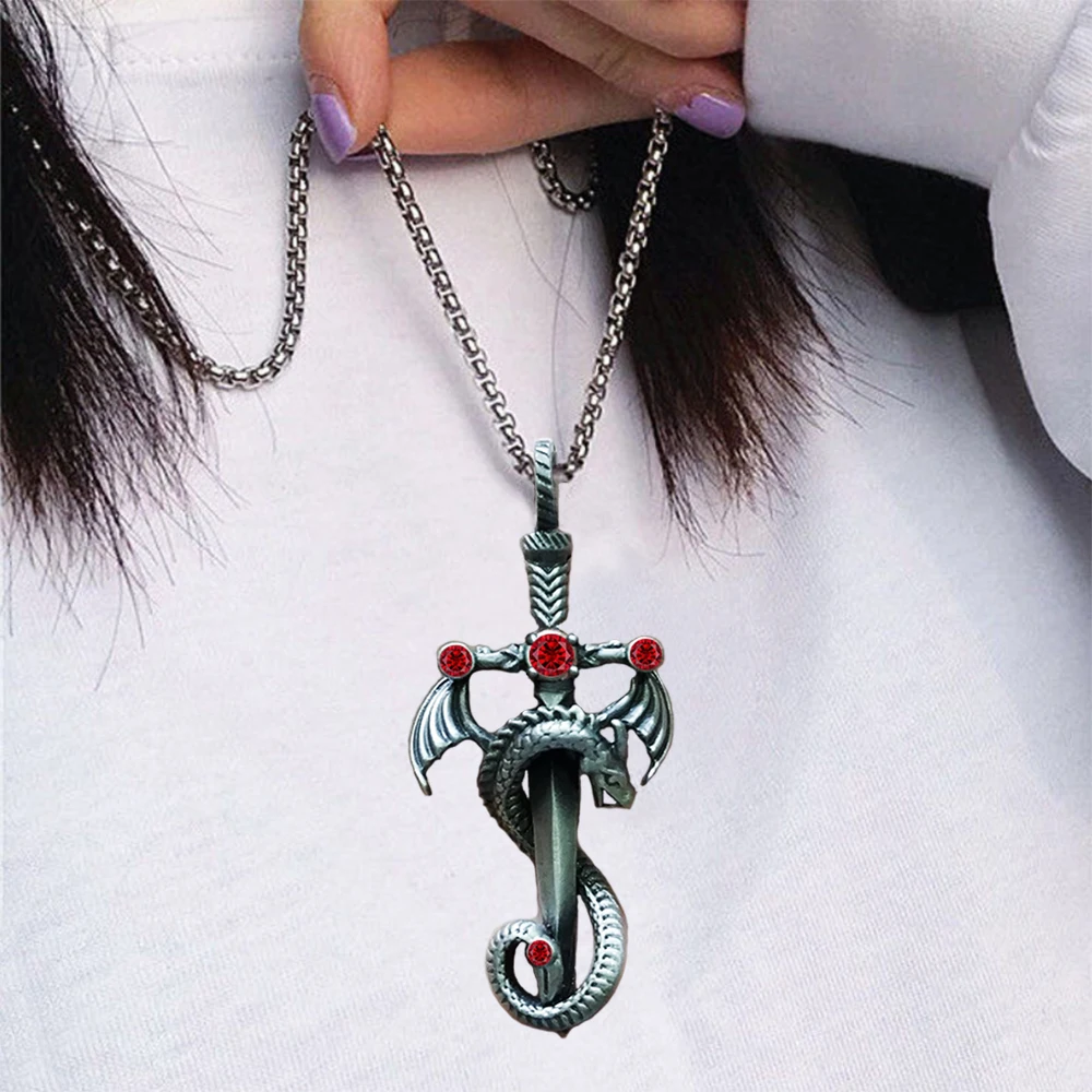 Punk Wing Dragon Necklace Personalized Cross Sword Pendant Gothic Viking Retro Jewelry Gift For Him Boys Men Father Best Friends