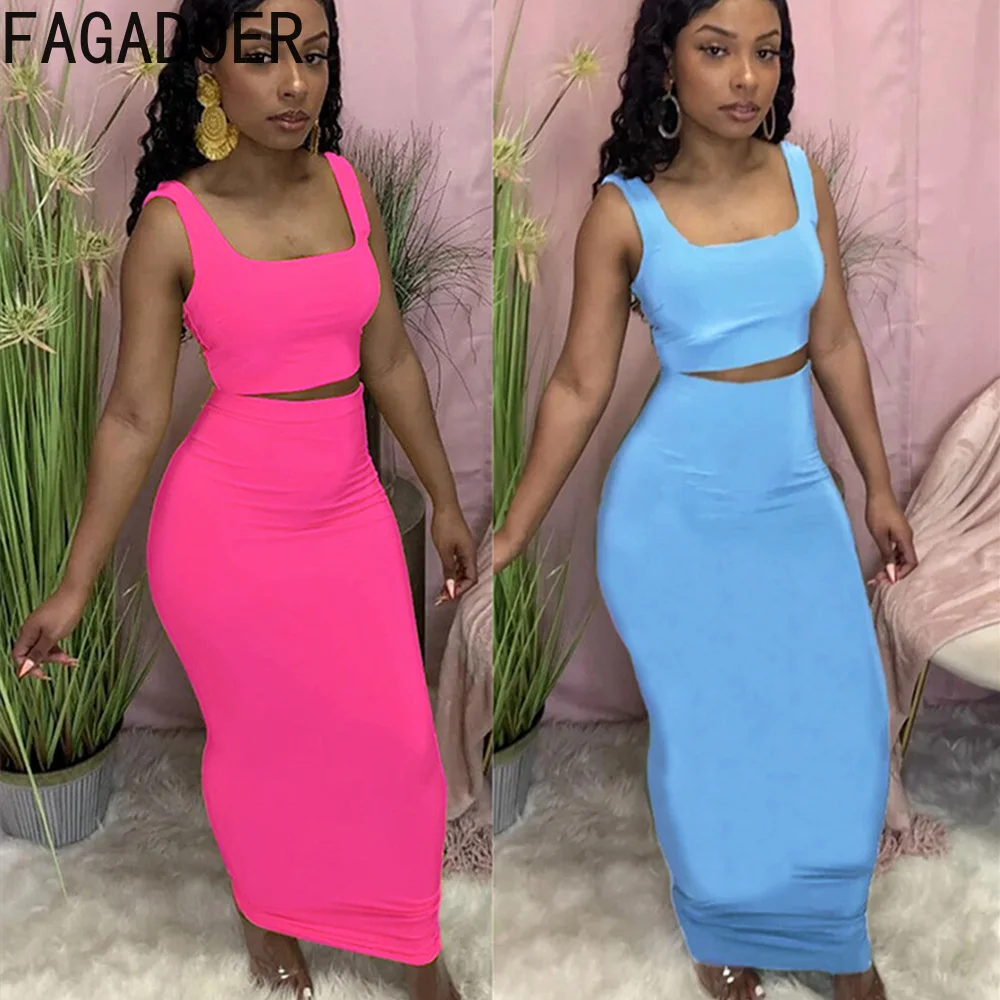 FAGADOER Elegant Lady Solid Skinny Skirts Two Piece Sets Women Strap Sleeveless Backless Crop Top And Skirts Outfits Streetwear