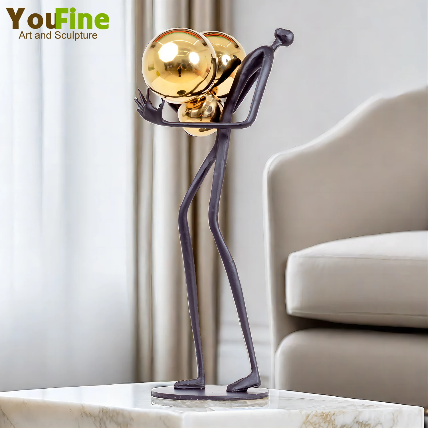 Modern Style Metal Holding Ball Character Sculpture Creative Sculpture Metal Statues For Office Study Home Desktop Decoration