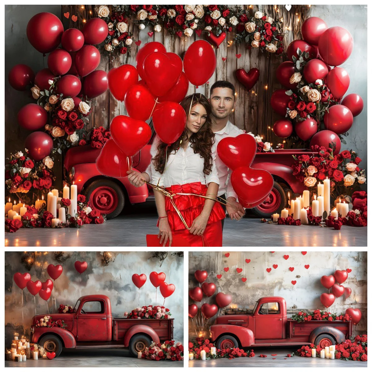 

Valentine's Day Photography Backdrop Retro Red Car Love Balloon Wedding Party Proposal Ceremony Decoration Background Photobooth