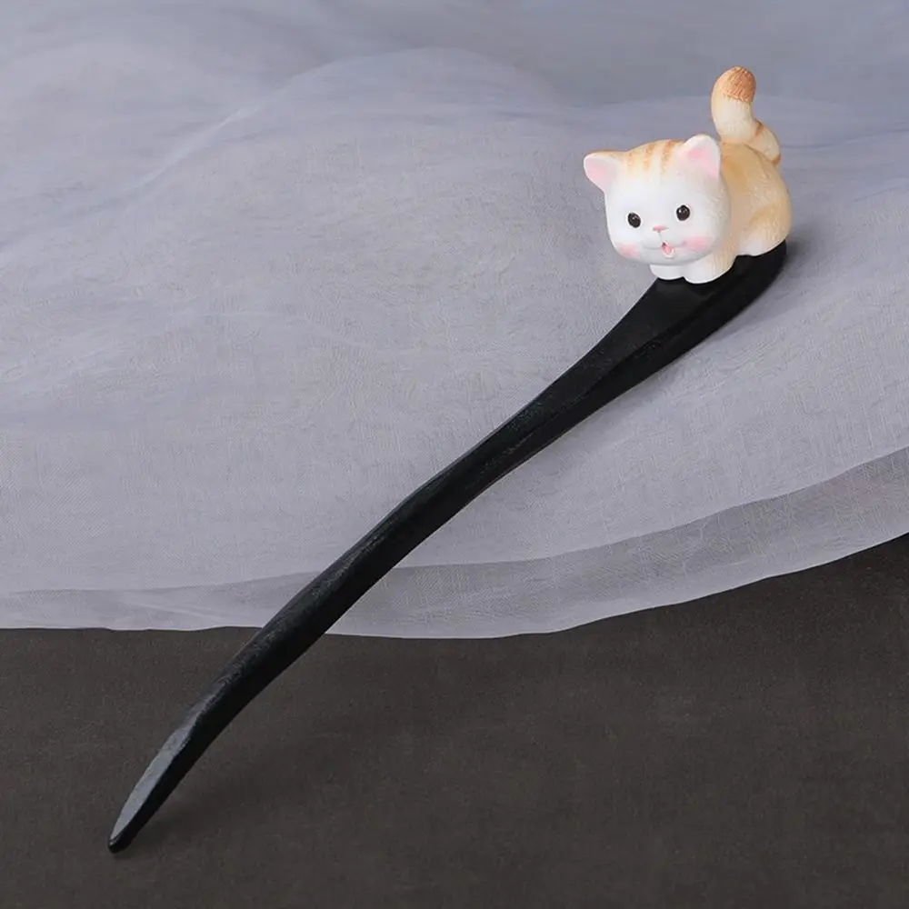 

Cute Antique Cheongsam Cartoon Cat Hairball Wood Ancient Style Hairpin Wooden Hairpin Hanfu Hair Sticks Chinese Style Headwear