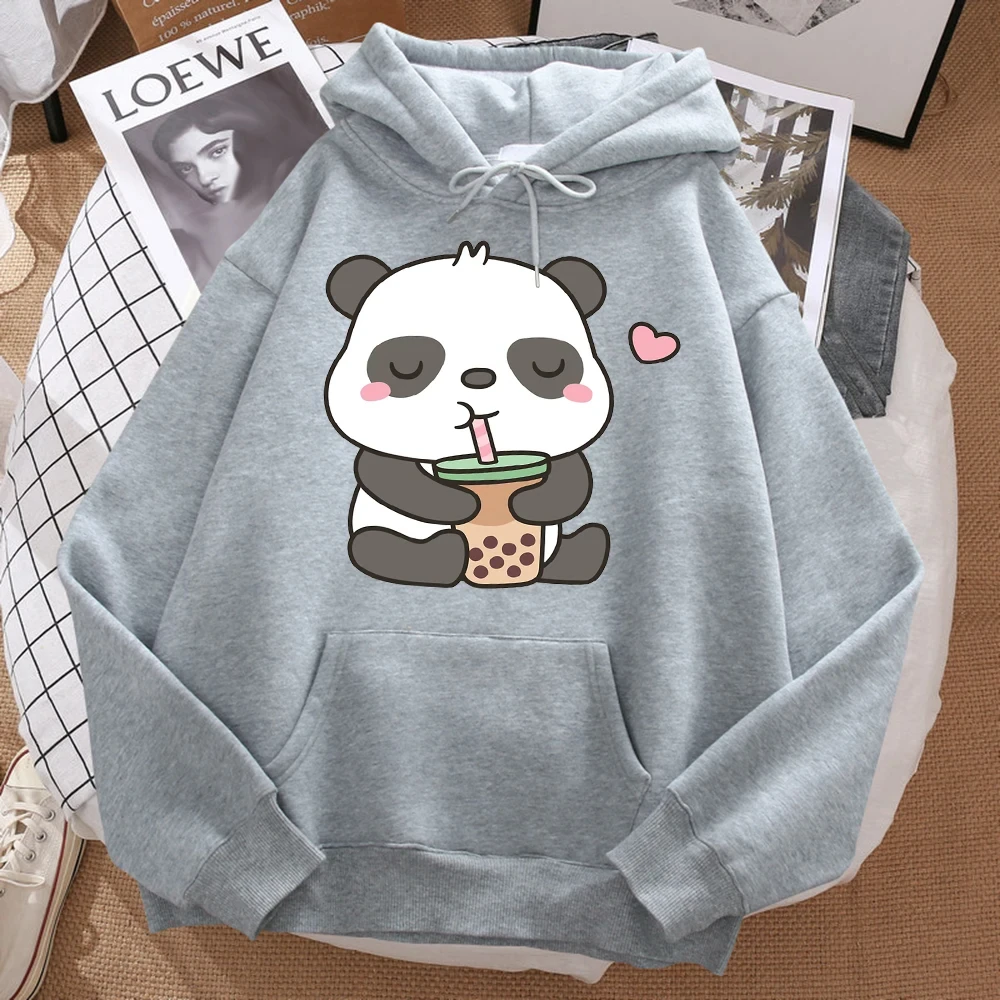 Men's Harajuku warm hoodie, panda love to drink bubble tea printed hoodie, spring and autumn fashion casual sweatshirt