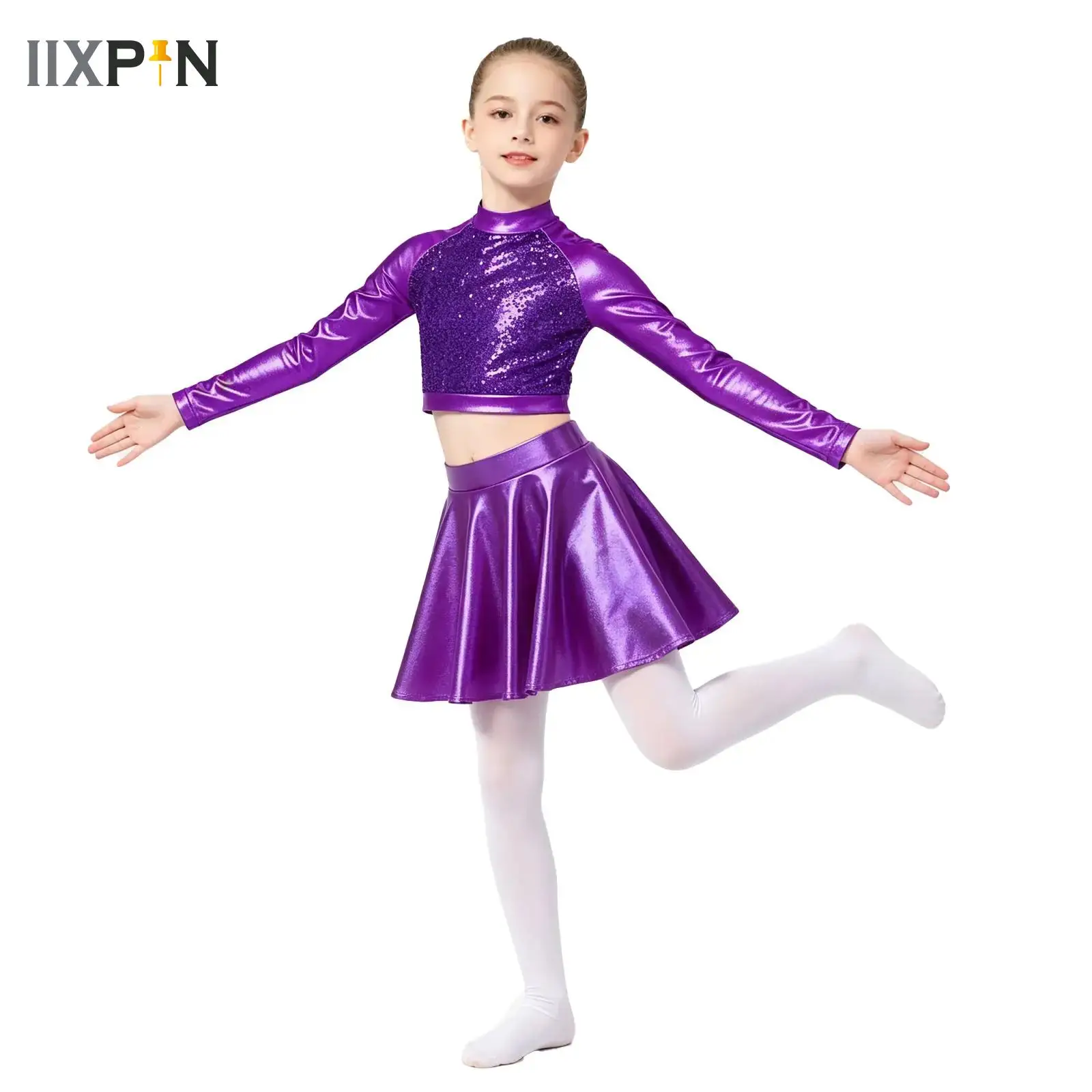conjunto-de-danca-jazz-para-meninas-com-top-cropped-metalico-e-saia-a-line-com-lantejoulas-para-apresentacoes-escolares