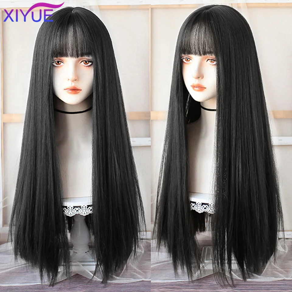 XIYUE parrucca nera lunga e dritta con parrucche sintetiche Bang per le donne capelli naturali resistenti al calore per la festa Cosplay di Halloween quotidiana